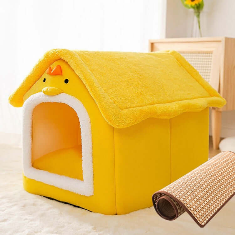Universal removable yellow pet bed in house shape, soft fabric, easy to wash, and non-slip base for dogs and cats.