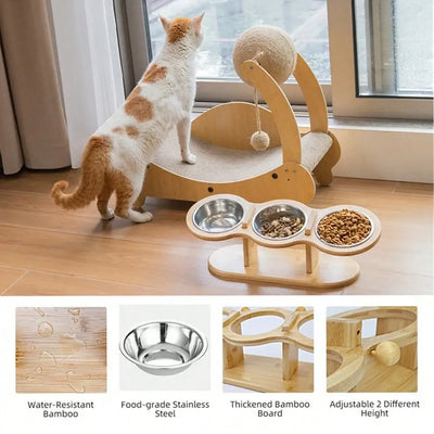 Product Description: Upgrade your cat's mealtime experience with the Cat 3 Bowls in 1 Feeder – Tilted Design for Better Digestion. This all-in-one feeding station features a smart, ergonomic tilt to reduce neck strain and support smoother digestion. With