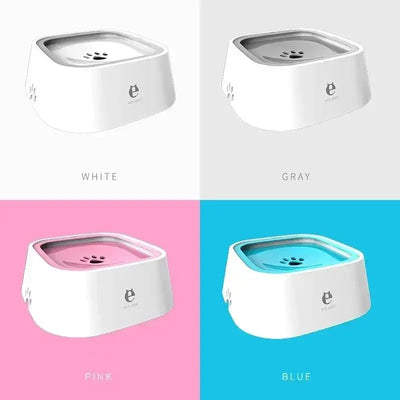 newDrinkbak multifunctional dog water bowl in white, gray, pink, and blue, designed to avoid wet saliva and easy cleaning.