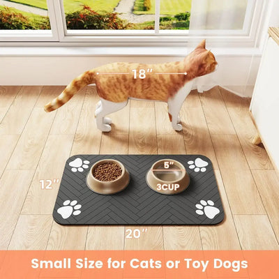 Product Description: Keep mealtime clean and mess-free with the Absorbent Pet Feeding Mat with Waterproof Backing. Designed to catch spills, splashes, and dropped kibble, this mat features a super absorbent top layer that soaks up water and food messes qu