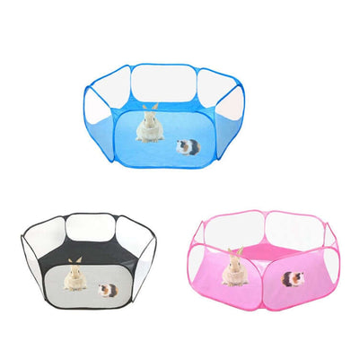 Portable small animal game fence tent in blue, black, and pink with hamsters and rabbits, ideal for indoor and outdoor use.