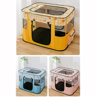 Foldable pet fence for dogs and cats, featuring colorful designs and a spacious, breathable structure.