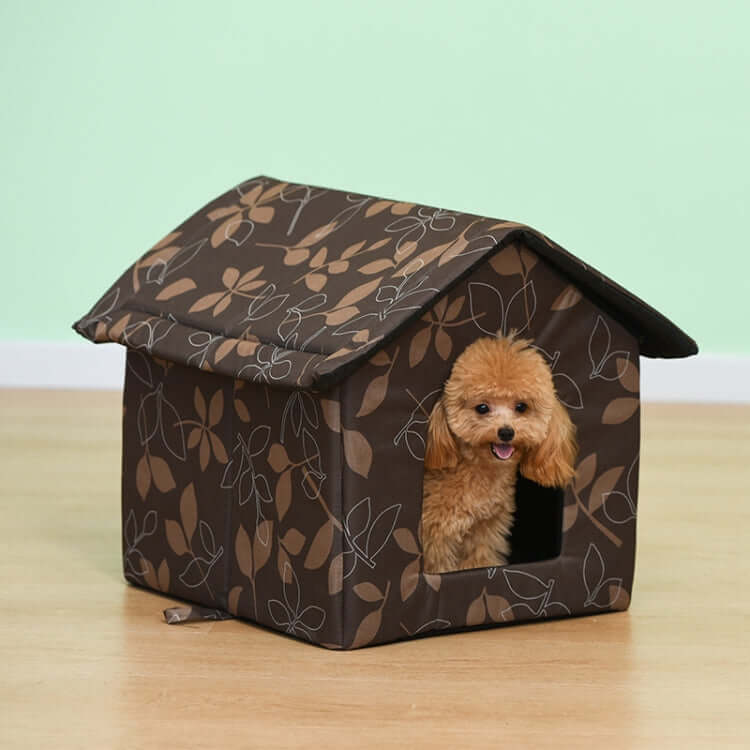 Outdoor waterproof Oxford cloth pet tent for small dogs, featuring a cozy design with a cute poodle inside.