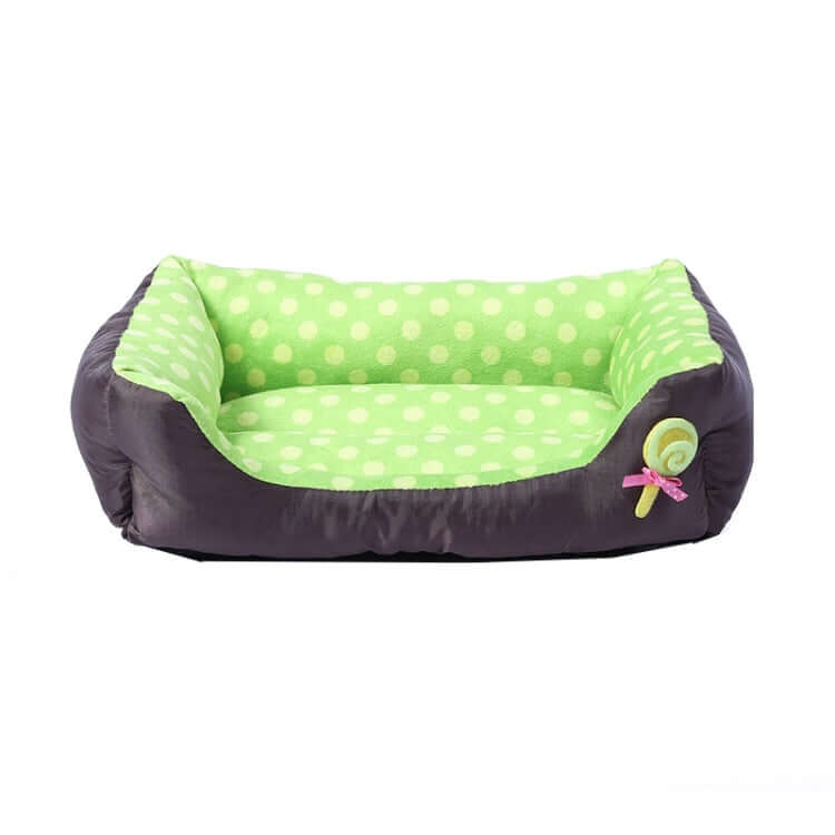Cartoon pet kennel square cushion in green with polka dots, designed for small and medium pets, comfortable and easy to clean.