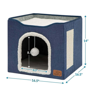 Foldable pet kennel stool in navy with plush interior, scratcher side, dimensions 16.5 x 16.5 x 14 inches.