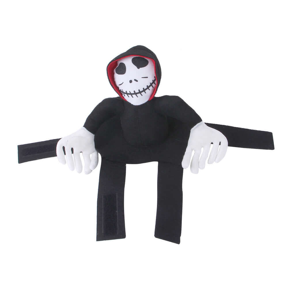 Funny pet Halloween costume with hood and skeleton face, perfect for pet cosplay and Halloween dress-up, made from lightweight and soft fabric.