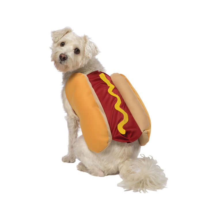 Cute dog in a funny hot dog costume for Halloween, ideal pet apparel for parties and festivals, comfortable and adjustable design.