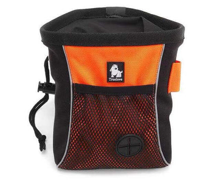 Green and orange durable dog training snack bag with drawstring closure and belt clips, perfect for storing treats during training.