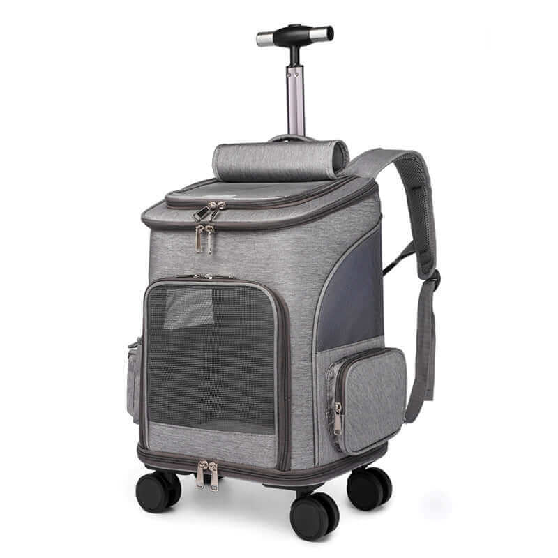 Portable folding trolley pet backpack with universal wheel, space capsule design for small cats and dogs, airline approved pet carrier.