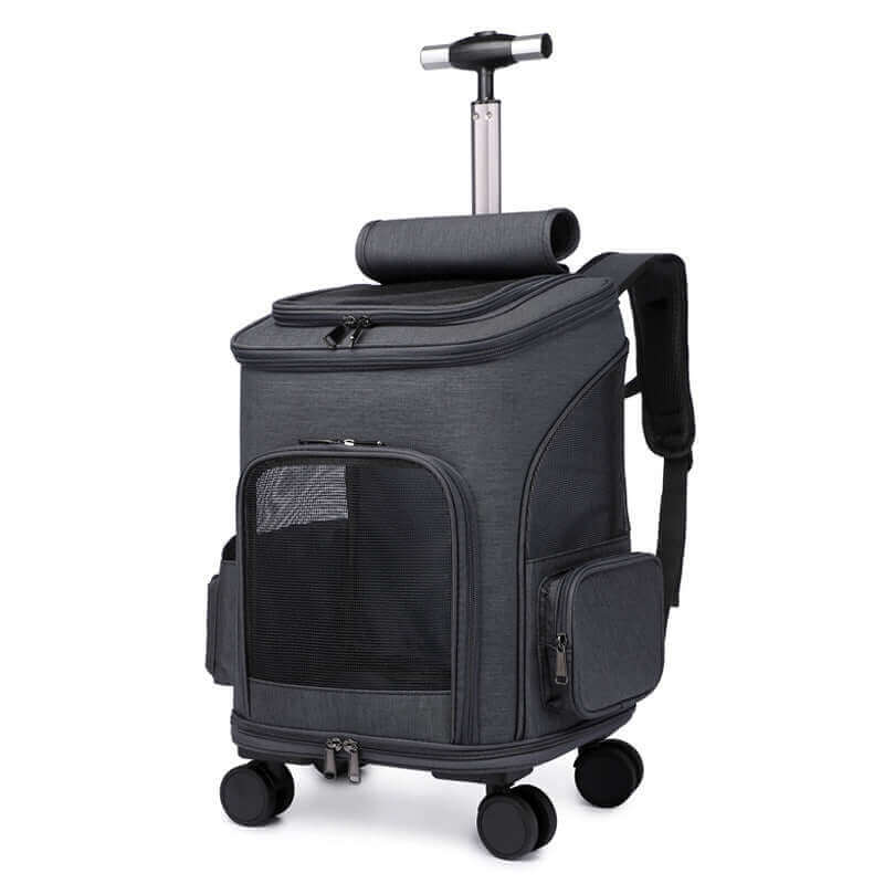 Portable folding trolley pet backpack with universal wheels for traveling, suitable for small to medium cats and dogs.