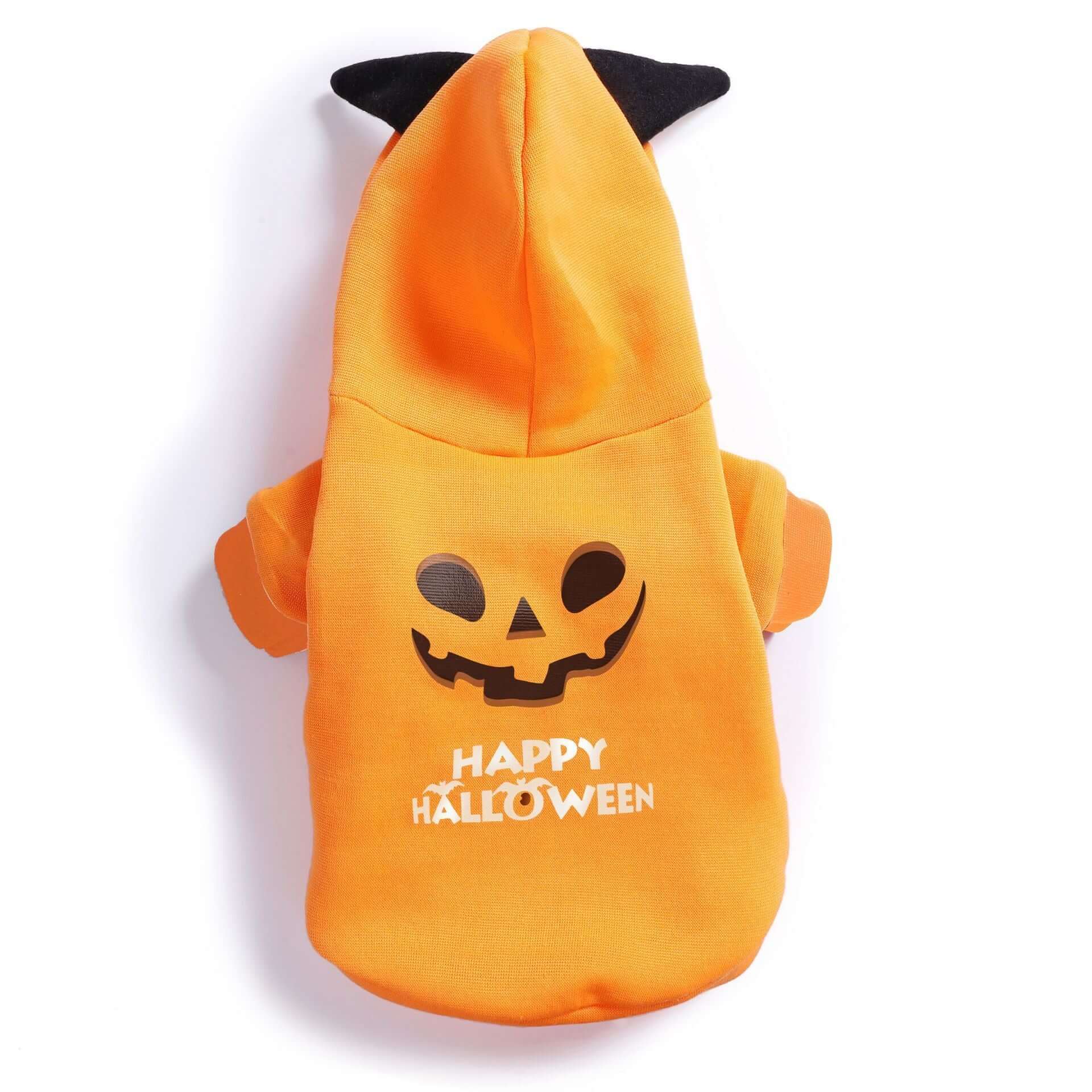 Bright orange Halloween-themed pet hoodie with a cute smiling pumpkin face and "Happy Halloween" text, ideal for pets in casual style.