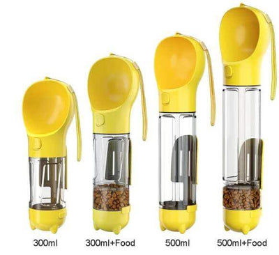 Yellow pet drinking cups with food compartment, various sizes: 300ml, 300ml+Food, 500ml, 500ml+Food, ideal for travel and hikes.