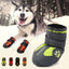 Husky wearing Big Dog Shoes Non-slip Waterproof Pet Shoes in snow with various colorful pairs displayed.