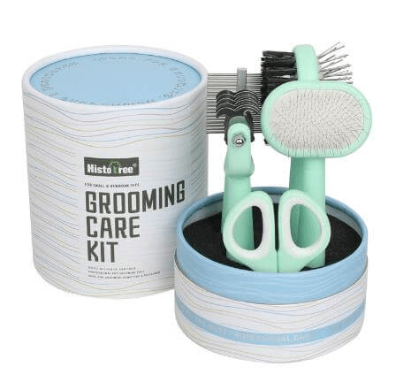 Premium Pet Grooming Kit for Cats & Dogs with brushes, combs, and nail clippers in a stylish blue packaging for all coat types.