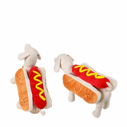 Dogs wearing funny hot dog Halloween costumes with mustard detail, perfect for pets to join in the festival fun and entertainment in cute apparel.