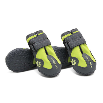 Green waterproof dog shoes with double velcro closure, non-slip sole, and luminous features for big dogs.