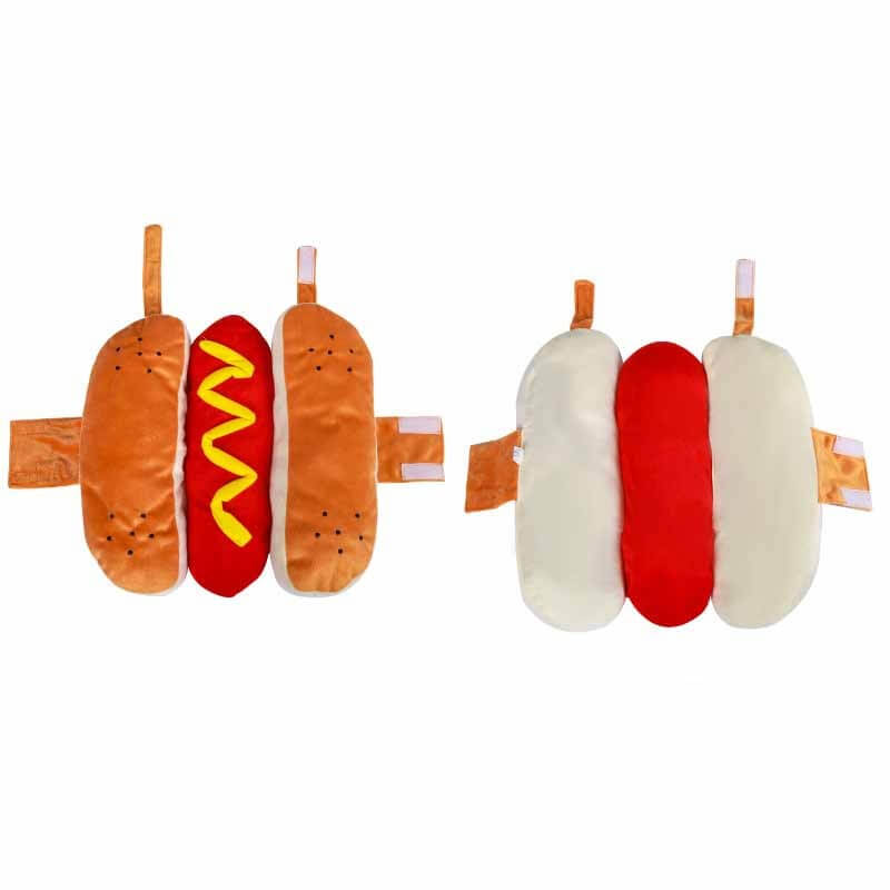 Funny Halloween hot dog costume for dogs and cats, pet clothing with hook-and-loop fasteners, comfortable polyester spoof style for parties.