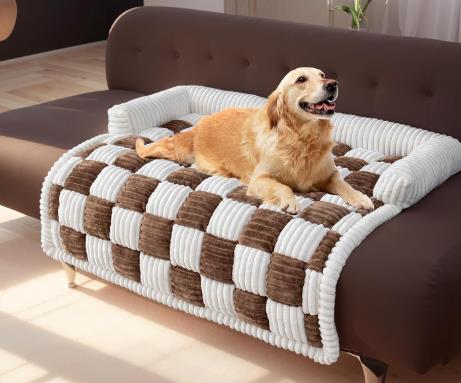 Golden retriever resting on plush, thickened dog mat with checkered pattern on brown sofa for comfort and support.