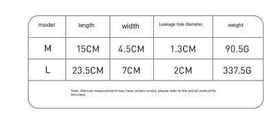 Size chart for Ultra Durable Pet Food Leakage Bite Toys, showing dimensions and weight for models M and L.