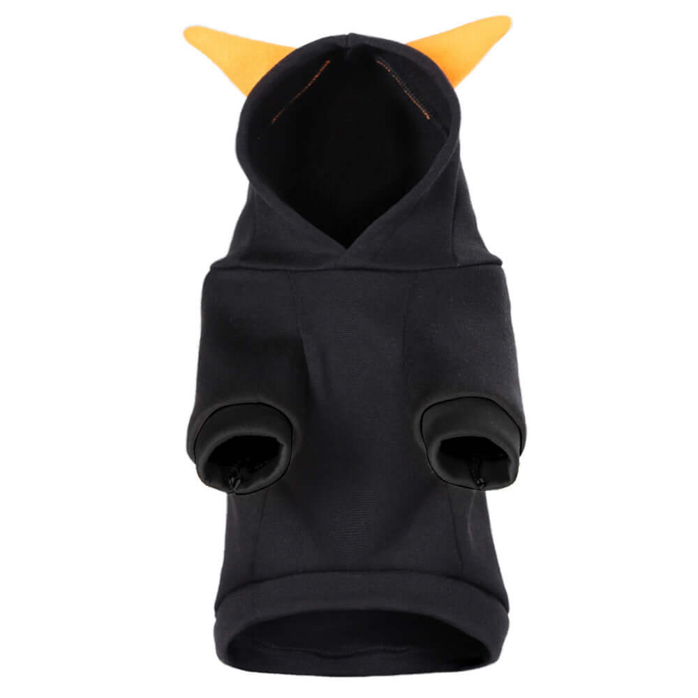 Black casual two-legged pet clothing with hoodie and orange ears, available in S, M, L, XL by PetSecret.