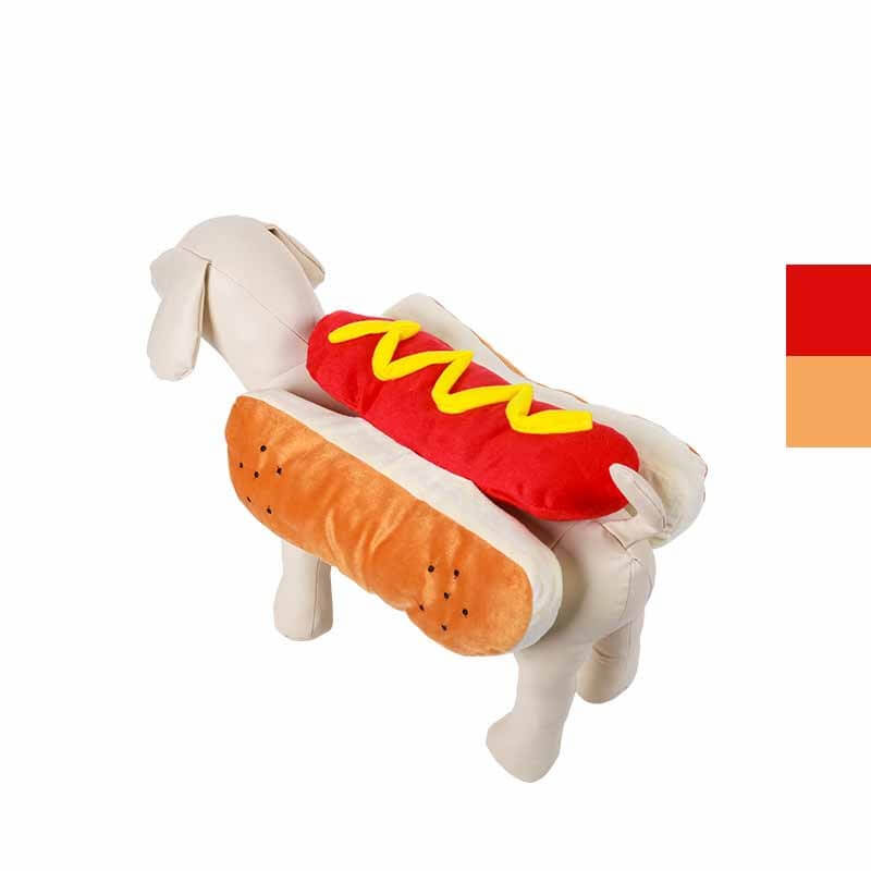 Dog wearing hot dog costume with bun and mustard topping, perfect funny Halloween outfit for pets, easy to wear and comfortable.