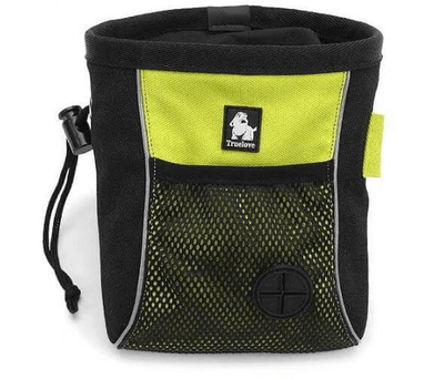 Black and green durable dog training snack bag with mesh pocket and drawstring closure, ideal for treats and easy attachment.