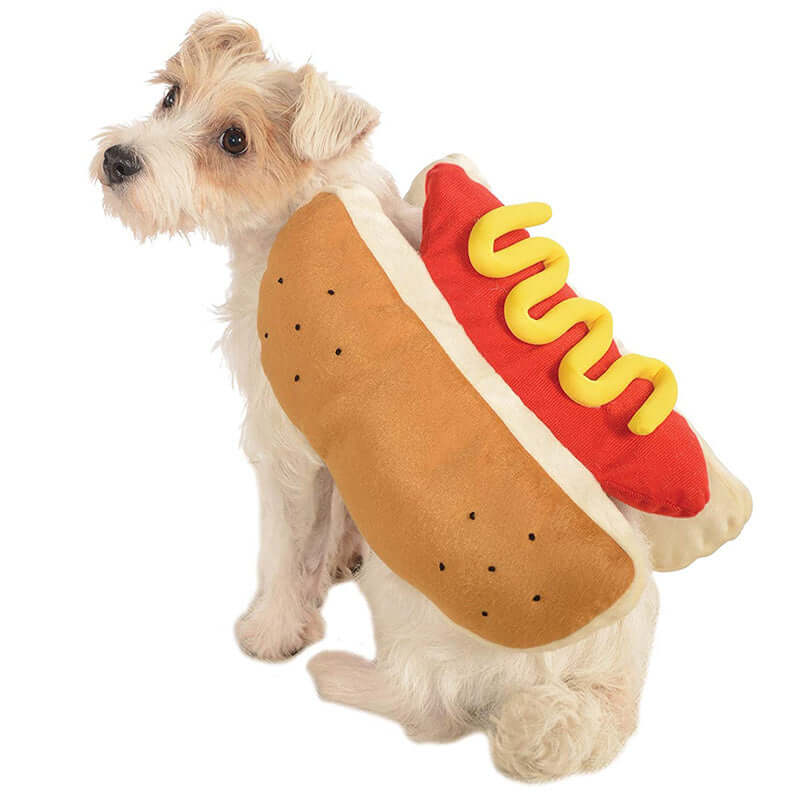 Dog wearing a funny hot dog design Halloween costume, perfect for puppy pet clothing and cat party costumes.