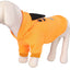 Dog mannequin wearing orange casual cloth pet hoodie with black detailing.