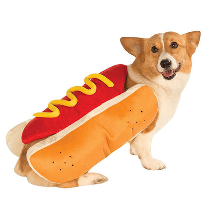 Dog wearing a funny hot dog costume for Halloween, perfect pet apparel for dressing up and cat party costume suit.