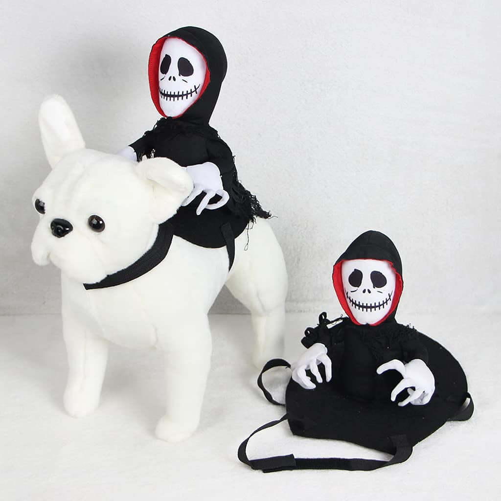 Pet in Halloween costume with skeleton figure, spooky and playful pet outfit for Halloween dress-up.