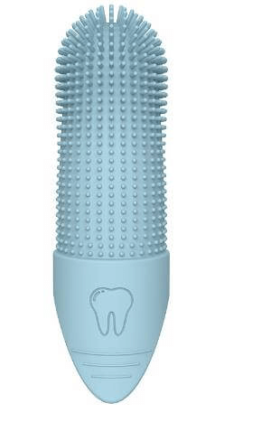 Silicone pet toothbrush finger cover with soft bristles for cat and dog oral care.