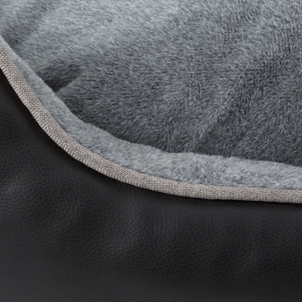 Close-up of grey Chateau Memory Foam Orthopaedic Box Dog Bed by Scruffs, featuring a soft inner cushion and durable black exterior fabric.