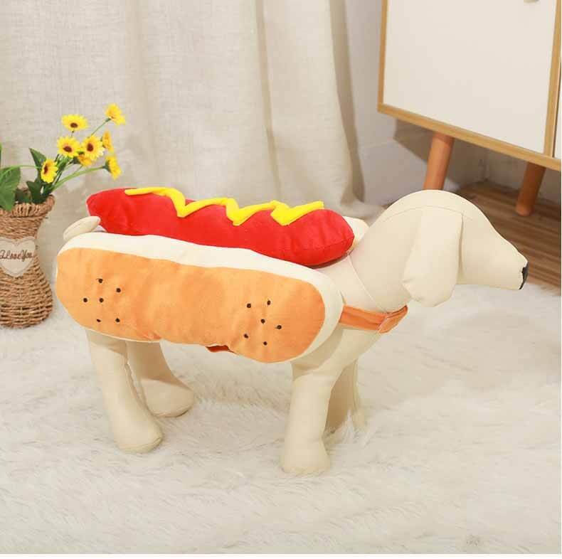 Dog mannequin wearing a funny hot dog costume for Halloween, pet clothing for dogs and cats, easy to wear with elastic and fasteners