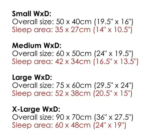 Size chart for Chateau Memory Foam Orthopaedic Box Dog Bed by Scruffs showing dimensions for Small, Medium, Large, and X-Large beds.