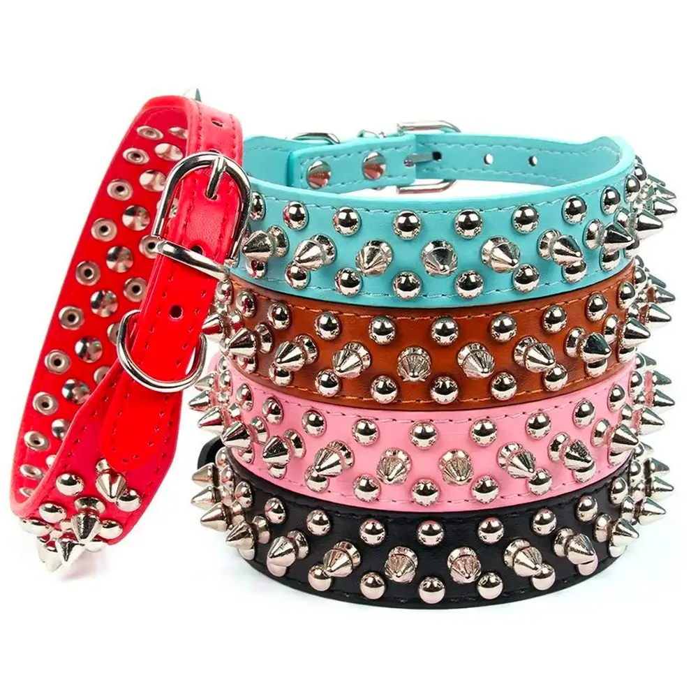 Adjustable Leather Dog Collar with Rivets & Spikes