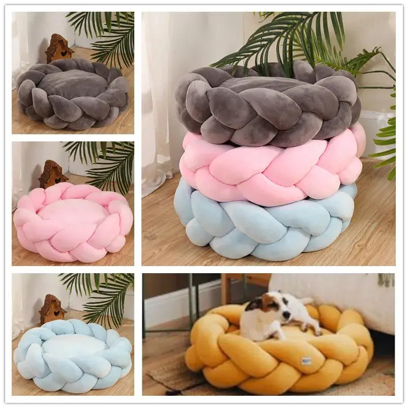 Handmade knit cat and dog beds in various colors, perfect for cozy pet lounging and comfort.