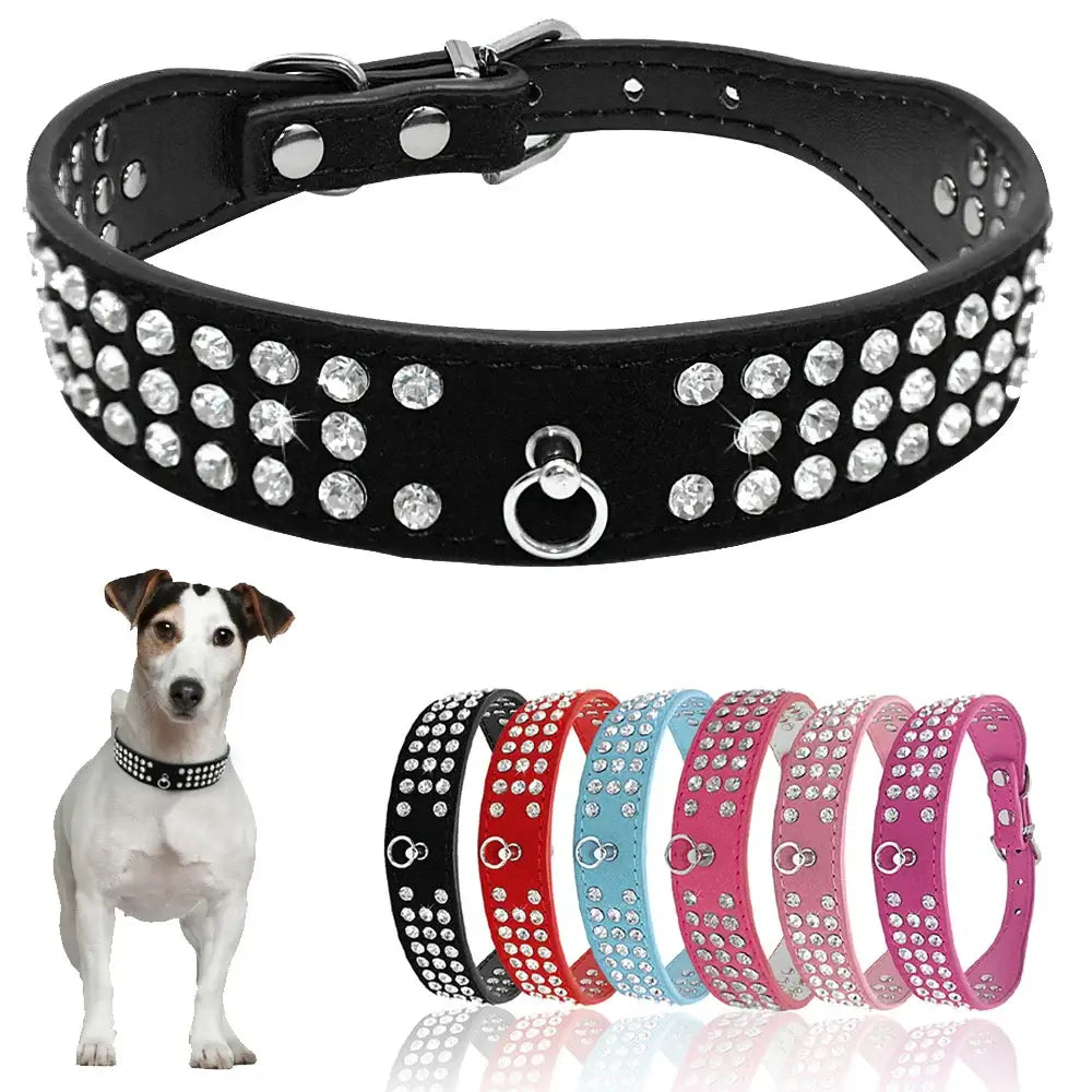 Rhinestone Dog Collar - 3 Rows Suede Leather