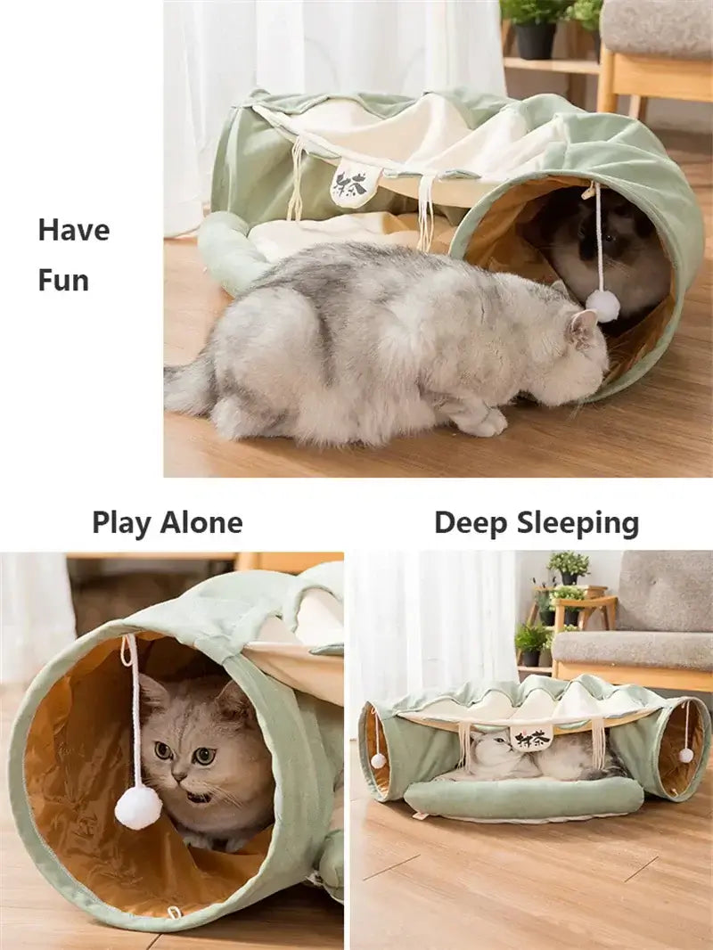 Shop our Funny Cat Tunnel Bed! Collapsible, crinkle design for interactive play. Perfect for cats, puppies, ferrets, and rabbits. Durable and fun.