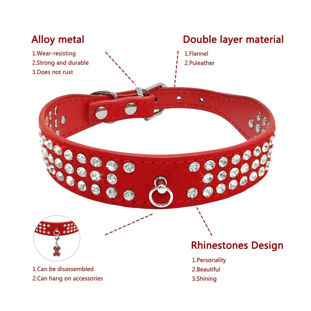 Rhinestone Dog Collar - 3 Rows Suede Leather