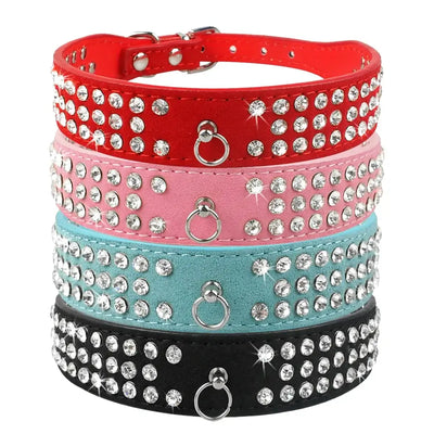 Rhinestone Dog Collar - 3 Rows Suede Leather