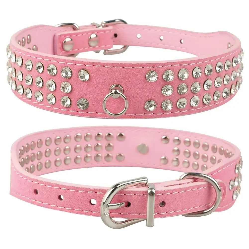 Rhinestone Dog Collar - 3 Rows Suede Leather