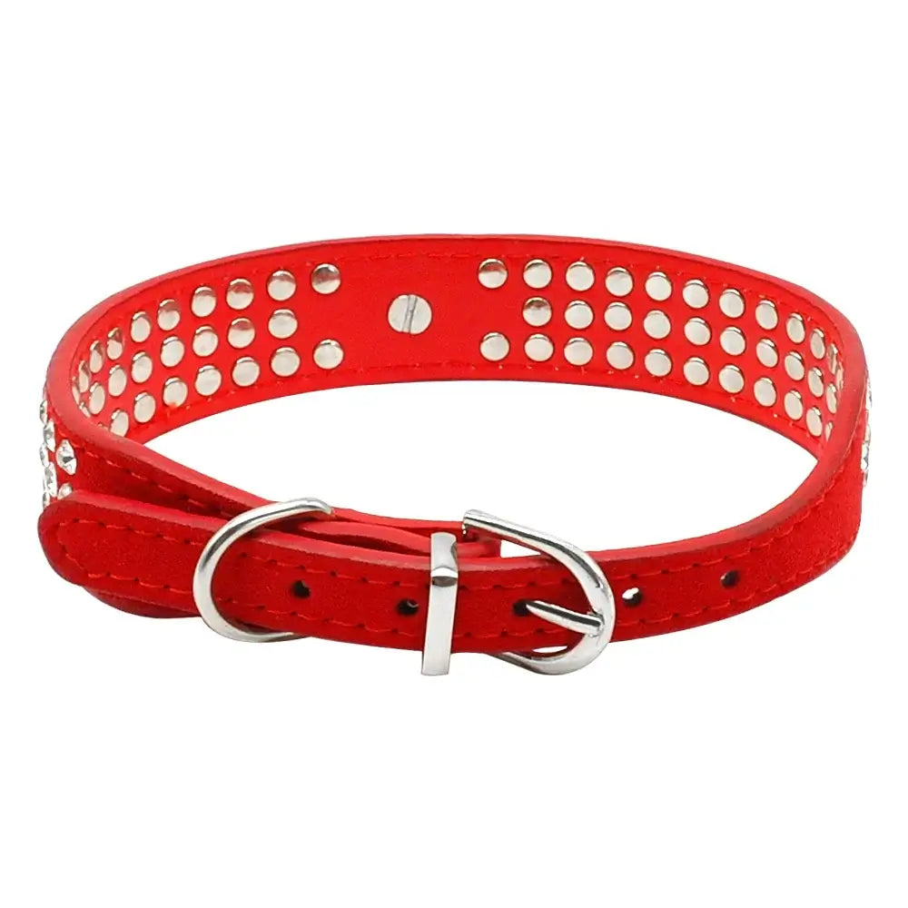 Rhinestone Dog Collar - 3 Rows Suede Leather