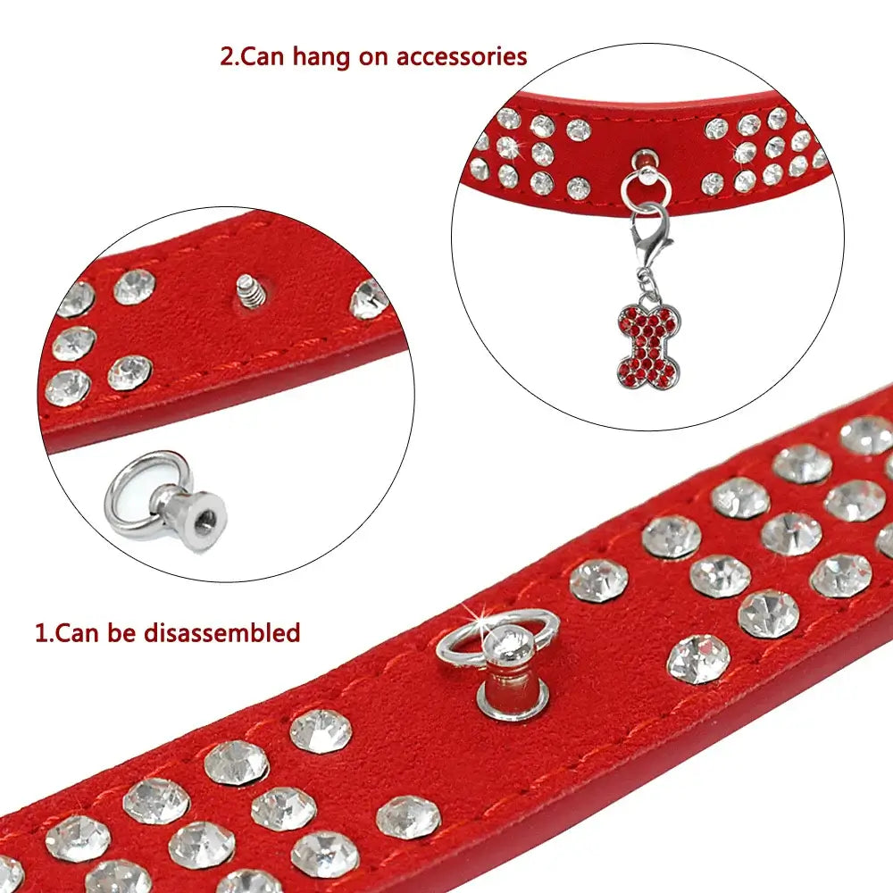 Rhinestone Dog Collar - 3 Rows Suede Leather