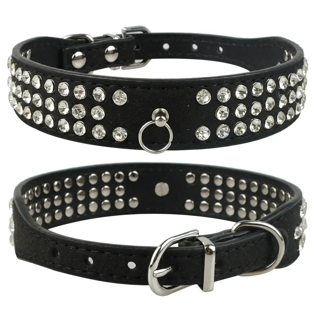 Rhinestone Dog Collar - 3 Rows Suede Leather