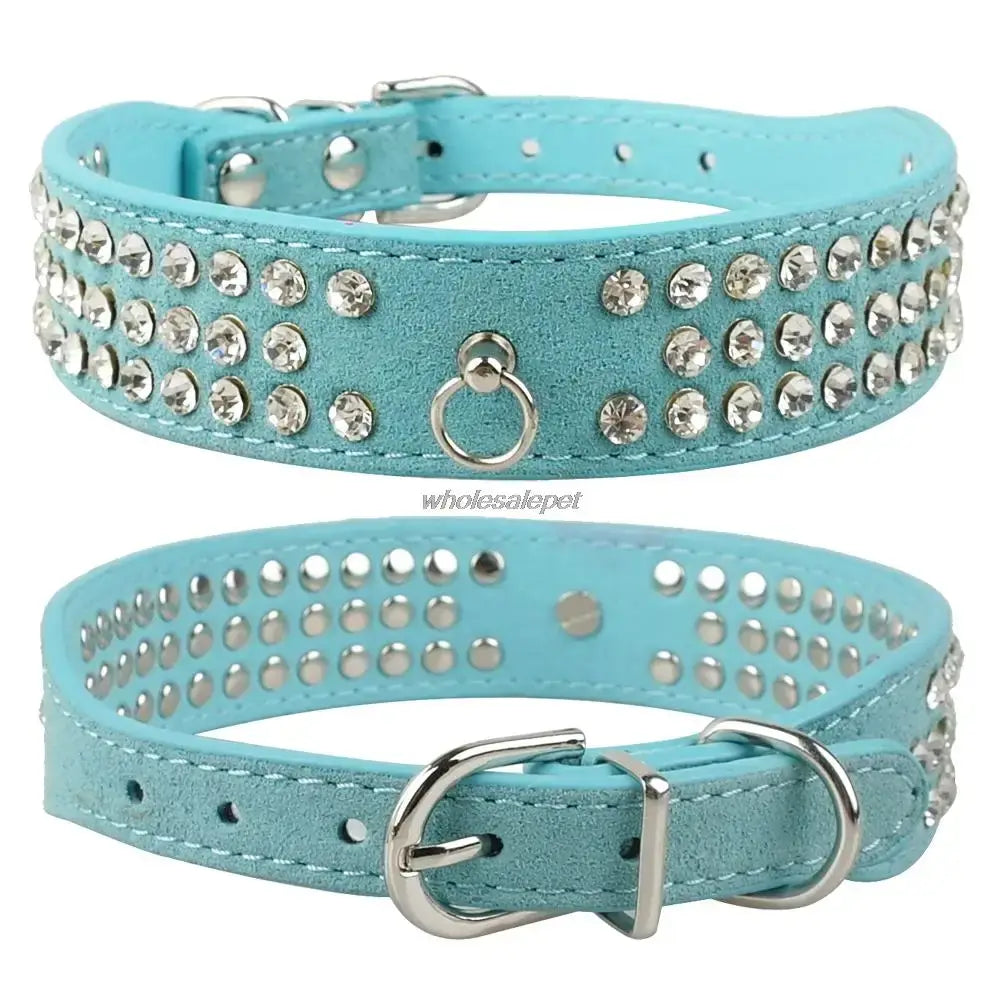 Rhinestone Dog Collar - 3 Rows Suede Leather