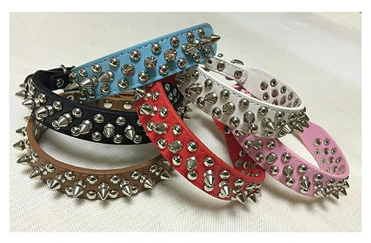 Adjustable Leather Dog Collar with Rivets & Spikes