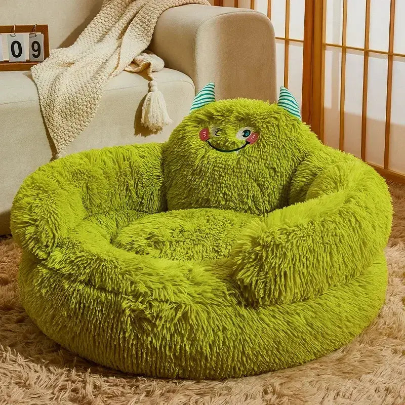 Cozy green plush round dog bed with cute monster design, perfect comfortable pet sleep mat for modern home decor.