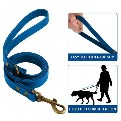 Blue vintage style dog leash made of waterproof PVC with brass clasp, non-slip handle, and high-tension holding capacity shown in use.