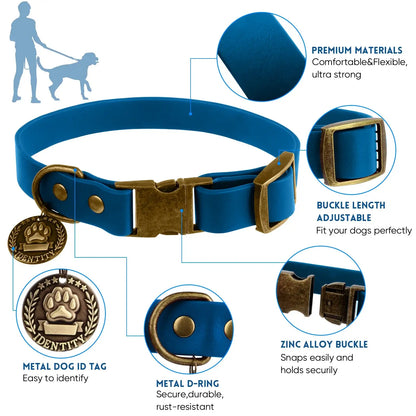 Vintage style waterproof PVC dog collar with adjustable buckle, metal D-ring, zinc alloy buckle, and metal dog ID tag.