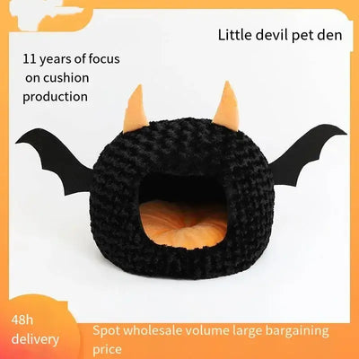 Halloween-themed pet house with devil horns and wings, designed for cozy comfort, perfect for cats and dogs during fall and winter.